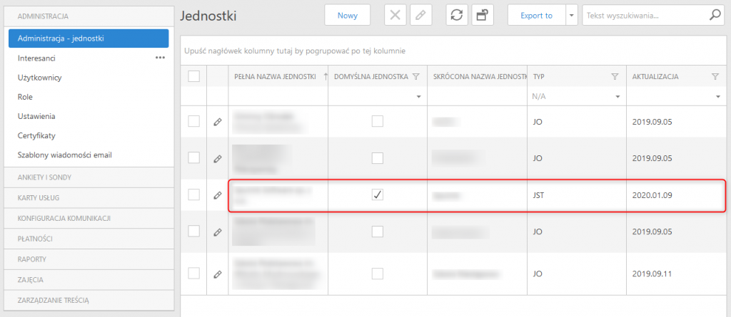 Administracja - jednostki - lista jednostek