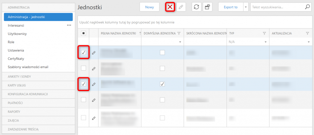 Administracja - jednostki - usuwanie Jednostki