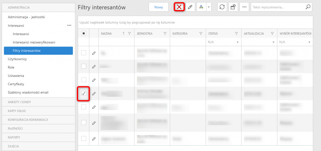 Interesanci - Filtry interesantów - usuwanie