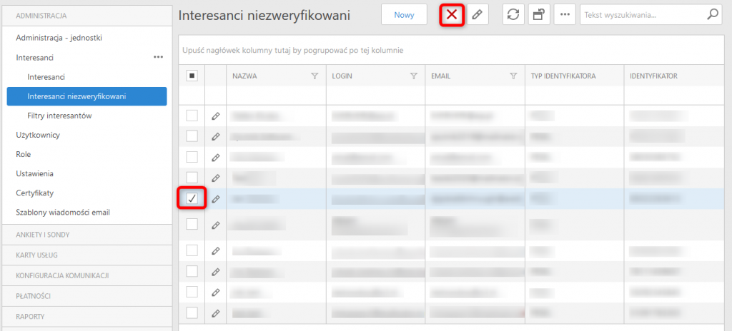 Interesanci - Interesanci niezweryfikowani - usuwanie