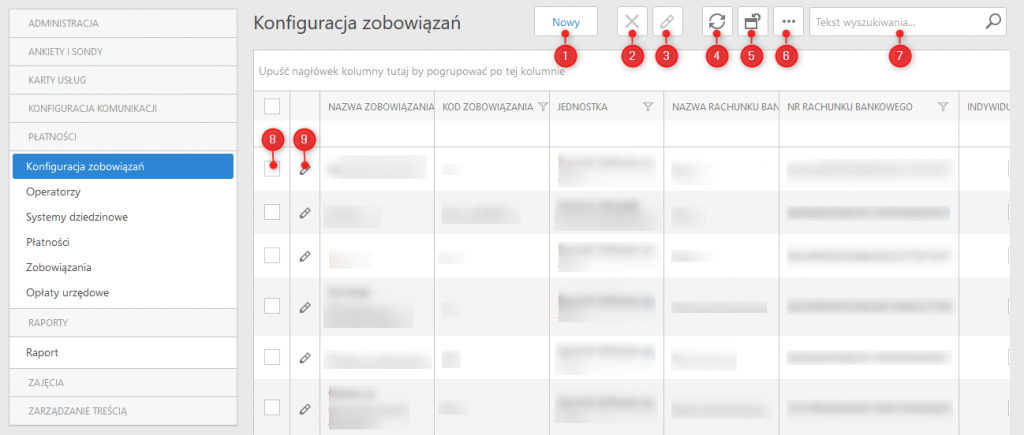 Konfiguracja zobowiązań - lista