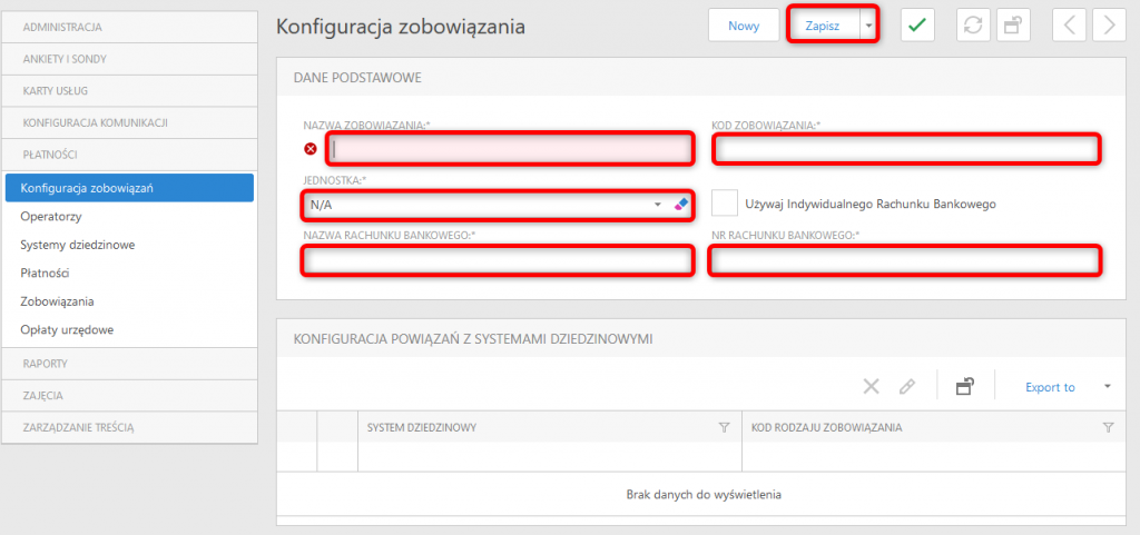 Konfiguracja zobowiązań - nowe zobowiązanie