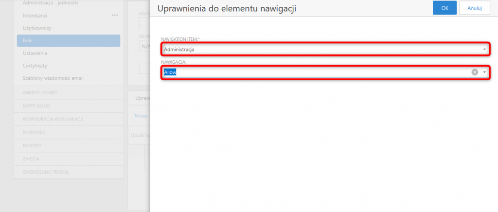 Role - dostęp do menu
