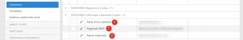 Ustawienia - Kategoria Informacje o jednostce