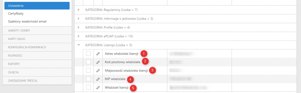 Ustawienia - Kategoria Licencja
